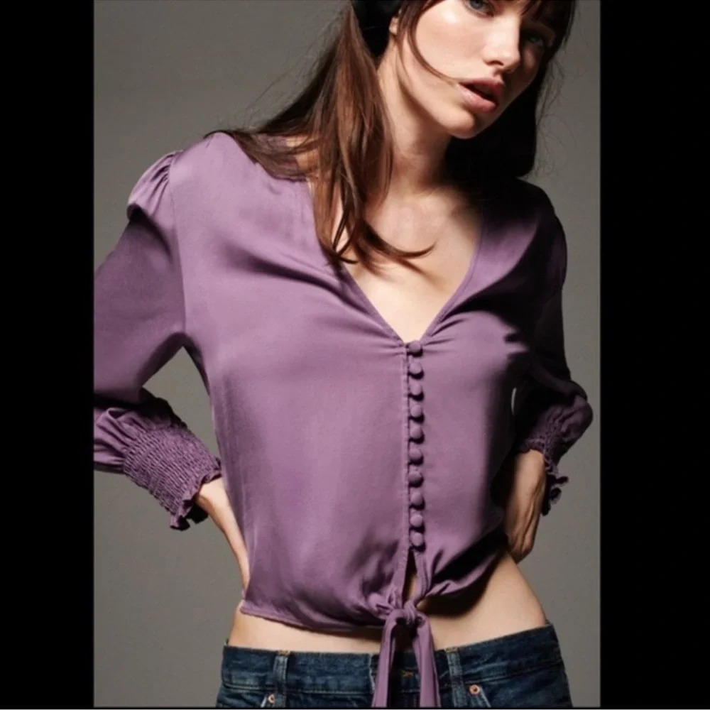 NWT Zara Deep V Neck Long Sleeve Button Blouse with Front Tie